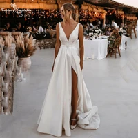 satin wedding dresses for women 2022 deep v neck backlesss side slit simple boho bride dress beach bridal gowns robe de mariee