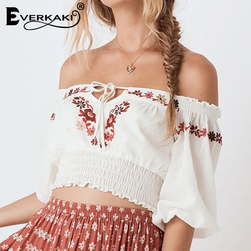 Everkaki Boho Цветочная женская блузка с вышивкой короткие топы открытыми плечами на