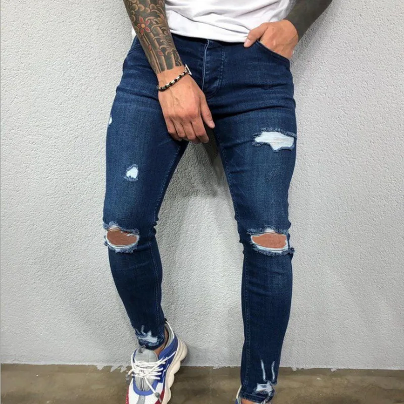 

Men Cool Designer Brand Black Jeans Skinny Ripped Destroyed Stretch Slim Fit Hop Hop Pants With Holes For Mens