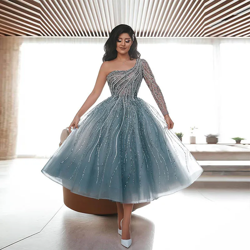 

Dusty Blue One Shoulder Short Evening Dress Luxury Long Sleeve Tulle Crystal Beaded Tea-Length Formal Party Ball Gown For Women