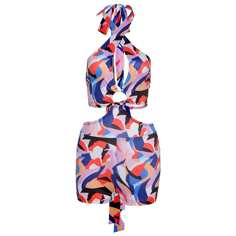 

Angels Secret Cut Bandage Halter Rompers Women 2021 Summer Printed Lace Up Backless Sleeveless Sexy Vacation Outfits AG31234