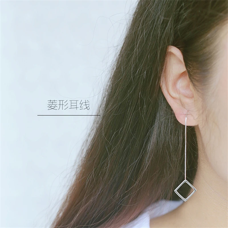 Женские серьги-подвески серебряного цвета длинные треугольные квадратные