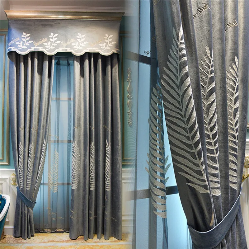 

European Light Luxury Gold Embroidery Banana Leaf Curtain For Living Room High Quantity Flannelette Shade Curtain For Bedroom #4
