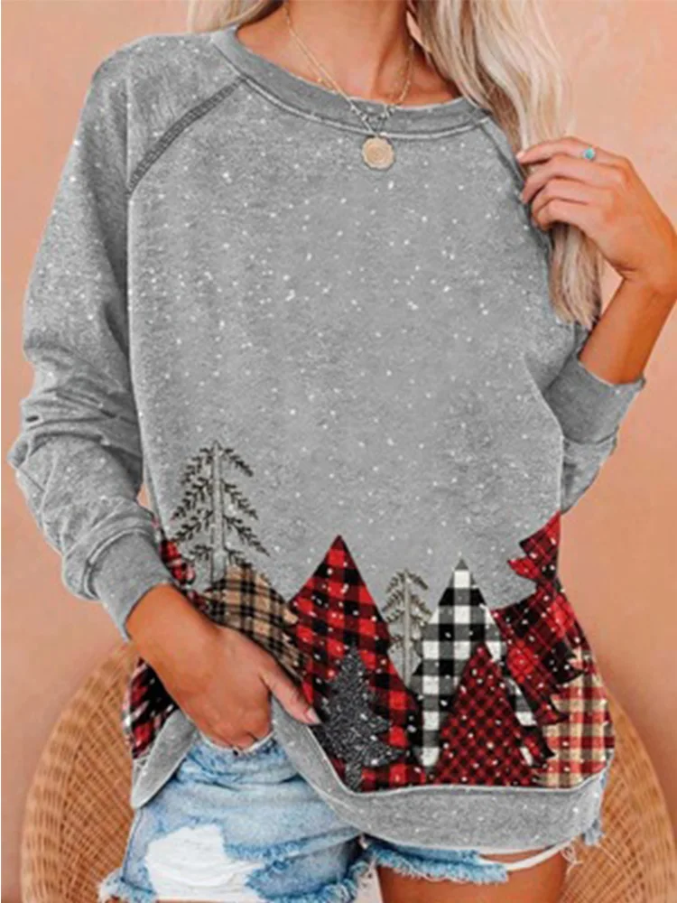 

2021 Fall Winter Hot Sale Snowflake Christmas Tree Printed Long Sleeve Round Neck Pullover Loose Women's Top T-shirt