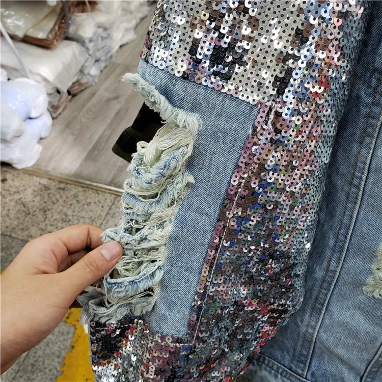Женское джинсовое пальто с блёстками свободное в стиле Харадзюку на осень