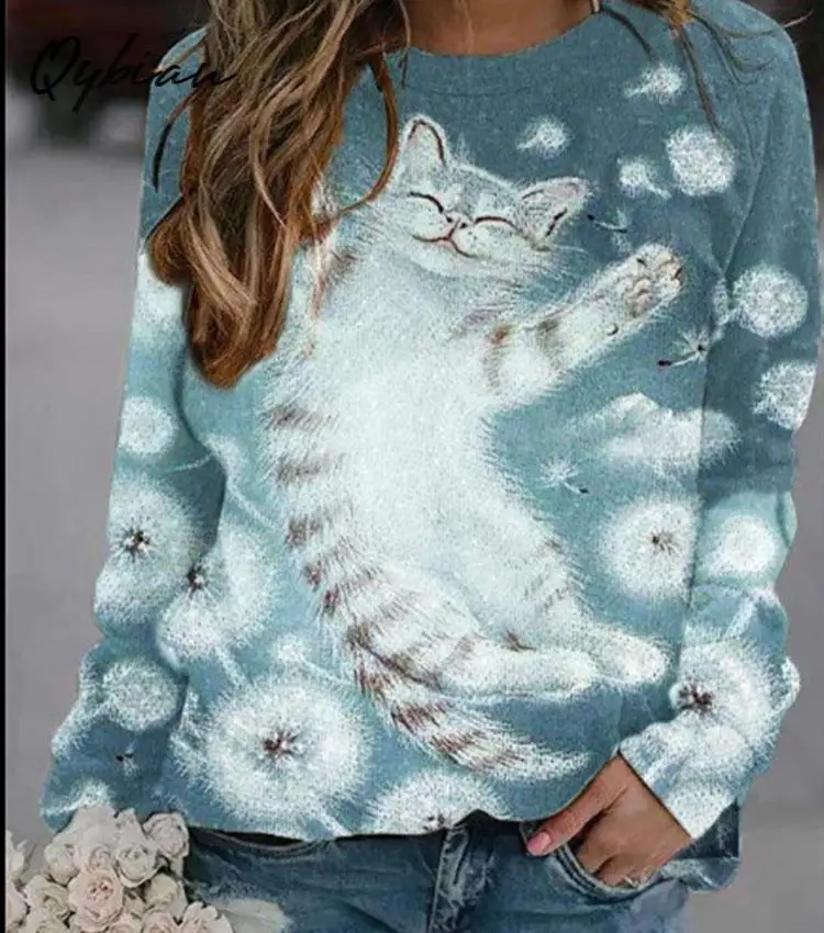 

2021 Spring And Autumn Cartoon Cat Sexy Fashion Plus Size S-5xl Loose Casual Good Quality Tshirts Shirt Women T Shirt