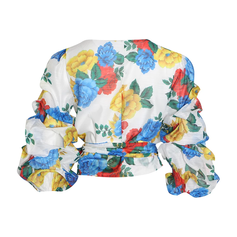 Женская винтажная блузка GALCAUR белая с v-образным вырезом и рукавами-фонариками на