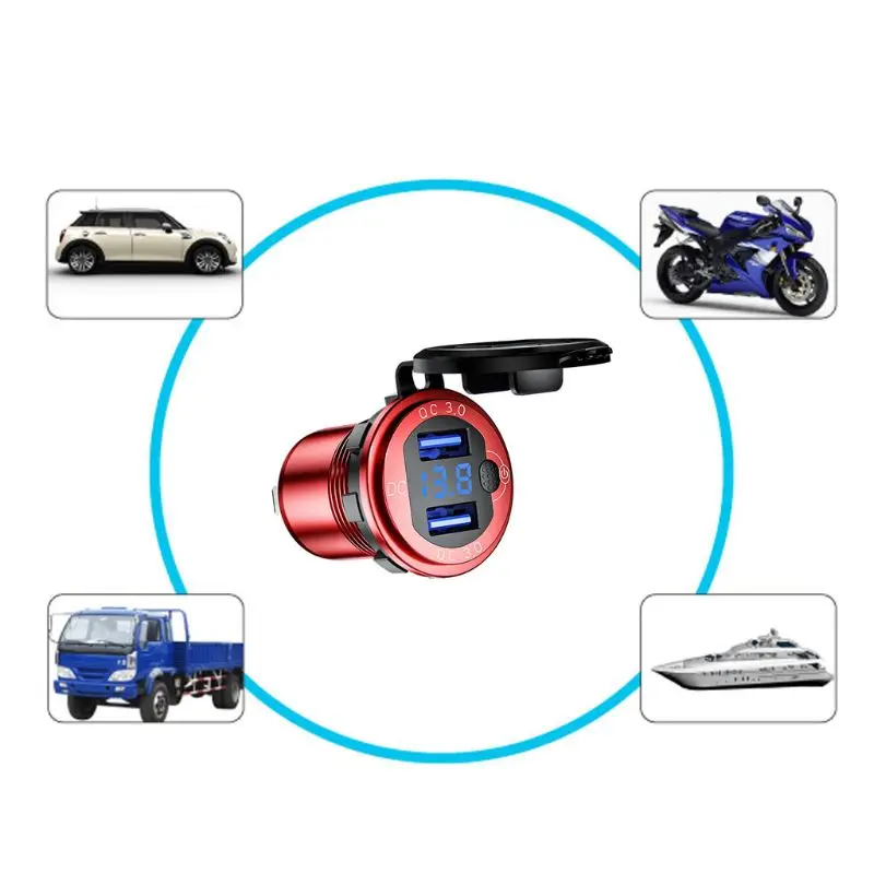 

12V 24V 18W Aluminum Waterproof Dual QC3.0 USB Fast Charger Power Outlet with LED Voltmeter Switch for Car Marine Truck
