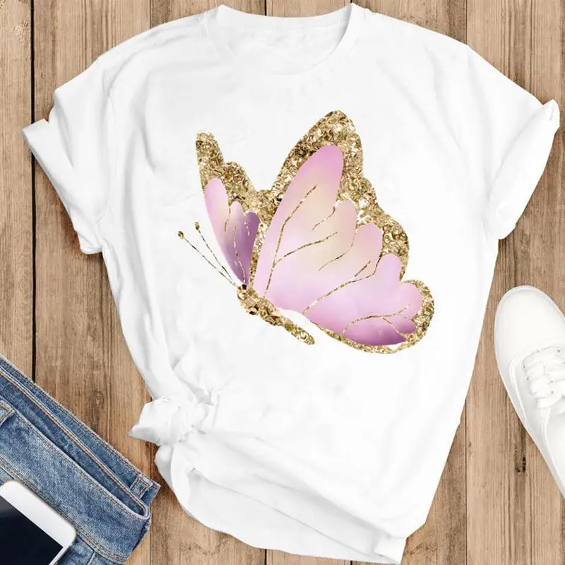 

Women Graphic Watercolor Butterfly Cute Cartoon Fashion Summer Female Clothes Print Short Sleeve Tops Tees Tshirt T-Shirt