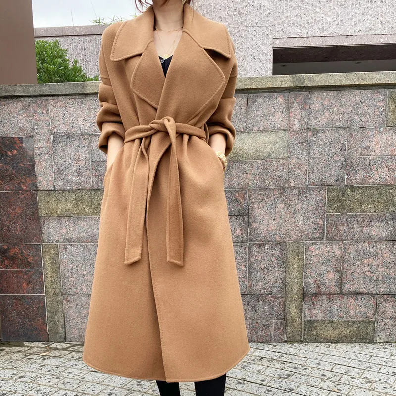 

Женское двустороннее кашемировое пальто, свободное двухстороннее пальто из 2021-ной шерсти с большими лацканами и поясом, зима 100%