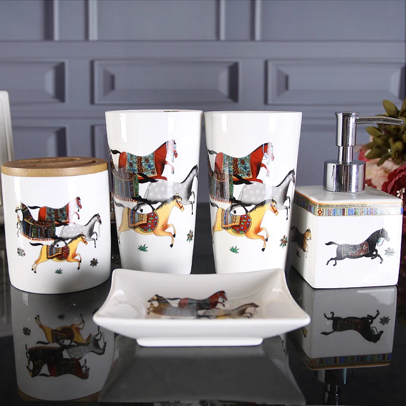 

Bathroom Set Ceramic Liquid Soap Dispenser/Dish Toothbrush Holder Gargle Cups War Horse Style Wedding Gifts Birthday Presents