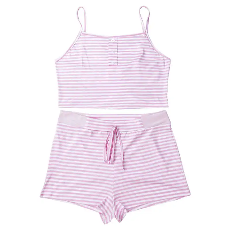 

Women Summer Striped Sleepwear 2pcs Set Slim Pajama Set Sleepwear Sexy Sleeveless Stripe Crop Top Shorts Set Night Wear Homewear