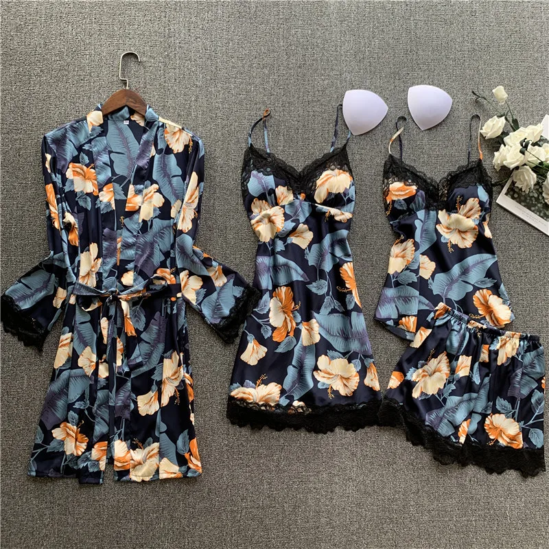 

Pajamas Women's Four-piece Suit Silk Sexy Sling Nightgown Women's Nightgown Suit Long Sleeve Printed Home Clothes