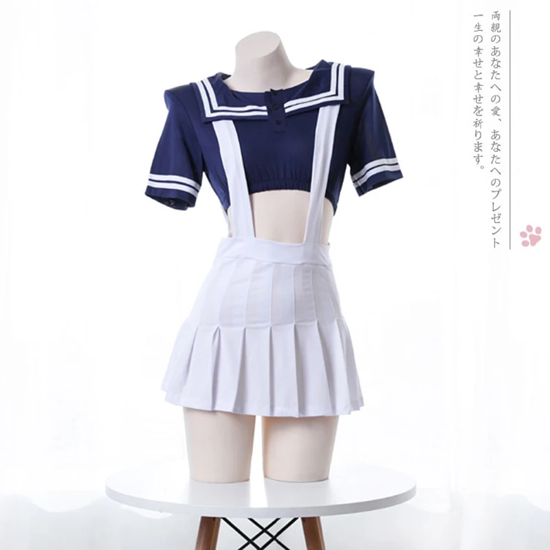 

Japanese Student Girls Cosplay Sailor Collar JK Uniform Anine Style Navy Blue Shirt Top + White Suspender Skirt