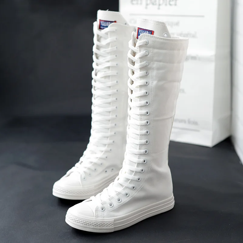 2021New Spring Autumn Women Shoes Canvas Casual High Top Shoes Long Boots Lace-Up Zipper Comfortable Flat Boots Sneakers images - 6