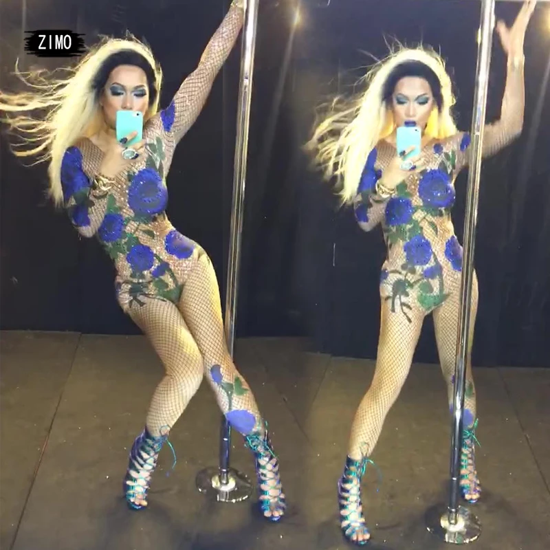 

Singer Stage Blue Rose rhinestone print Skinny Jumpsuits Women Sexy Birthday Celebration Rompers Nightclub pole dance clothing