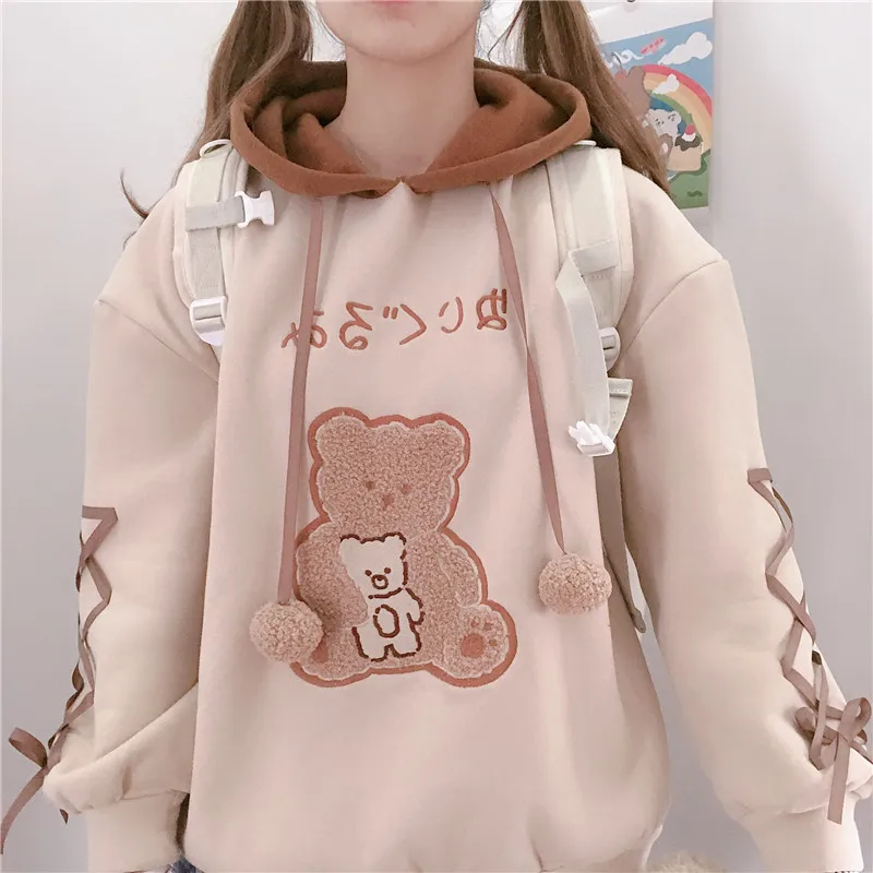 

Japanese Autumn Winter Plus Velvet Hoodies Mori Sweet Cute Bandag Bear Letters Print Pullover Girl Hooded All-match Tops Student