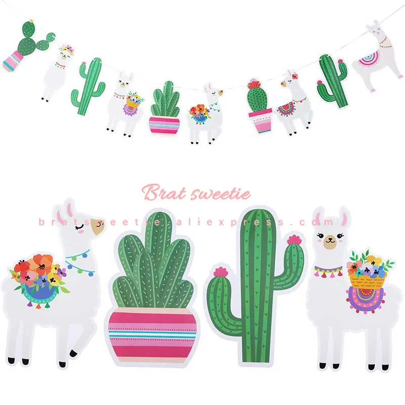 llama cactus banner Лама Альпака тема Одноразовая бумажная тарелка скатерть фотобудка реквизит для дня рождения украшения детский душ принадлежности - Цвет: llama cactus banner