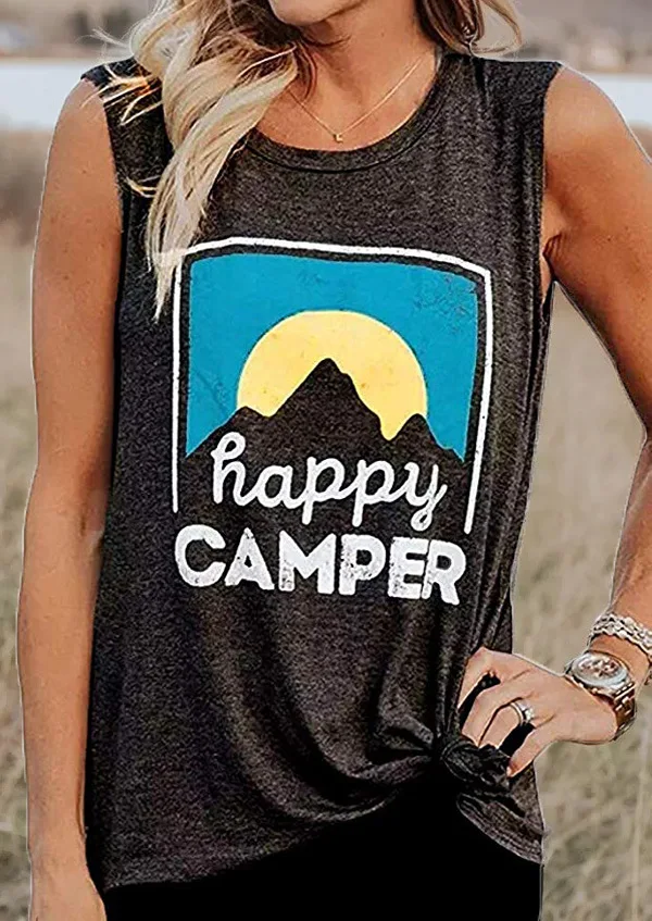 

Amazon's top selling women's Vest happy camper letter print round neck sleeveless T-shirt