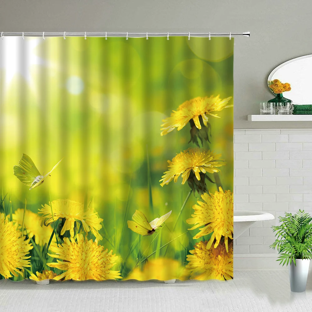 

Flower Shower Curtains Tulip Cactus Floral Plant Butterfly Spring Scenery Home Bathroom Decor Polyester Fabric Bathtub Curtain