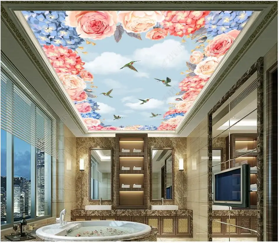 

Custom ceiling wallpaper for walls 3 d zenith murals Beautiful flower cloud sky ceiling 3D painting ceiling mural decoration