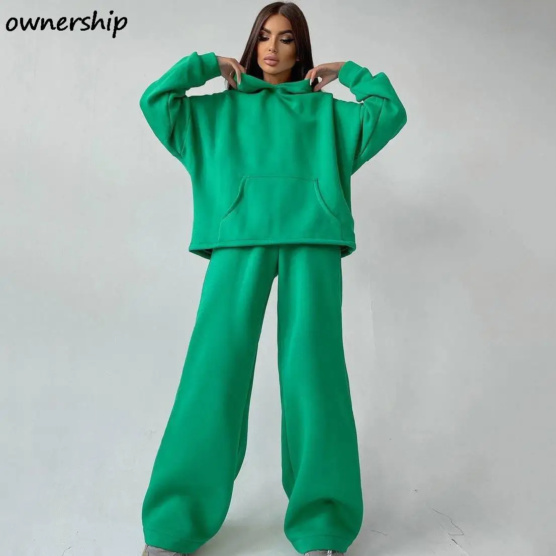 

Casual Solid 2 Piece Set Loose Hoodie Women Basic Long Sleeve Sweatshirt Female High Waist Wide Leg Pants Suits Autumn Sportwear