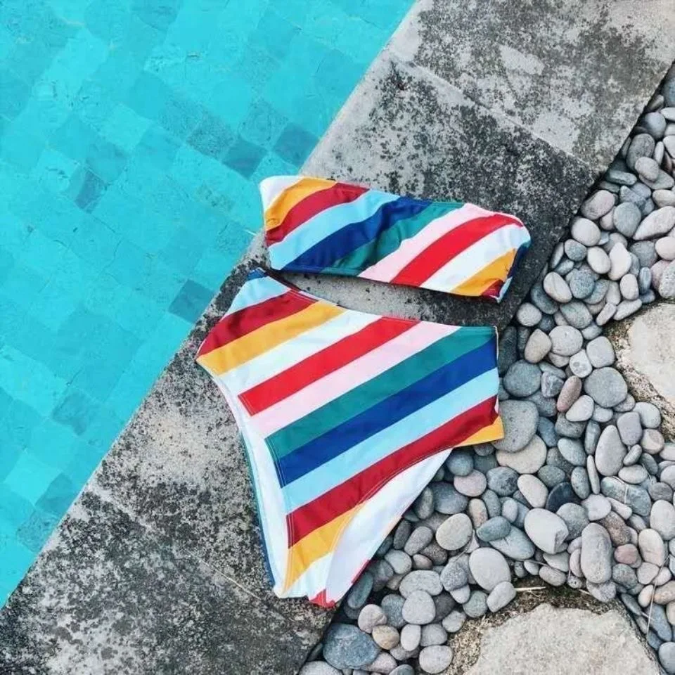 

New women's swimsuit size chest gathered fashion tube top split high waist printed color striped breast wrap swimsuit