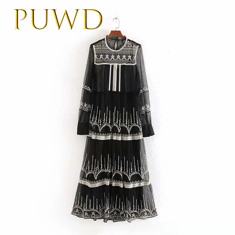 Женская длинная юбка в стиле ретро PUWD шелковое Сетчатое платье с вышивкой