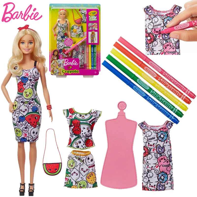 

Barbie Original DIY Painting Thinking Fashion Doll Colourful Collection Print Self Crayola Color Clothes Girls Play Set Kid Toy