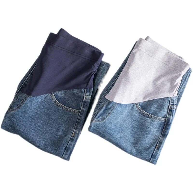 

8809# Cotton Denim Maternity Straight Jeans Elastic Waist Belly Pants Clothes for Pregnant Women Loose Pregnancy Trousers
