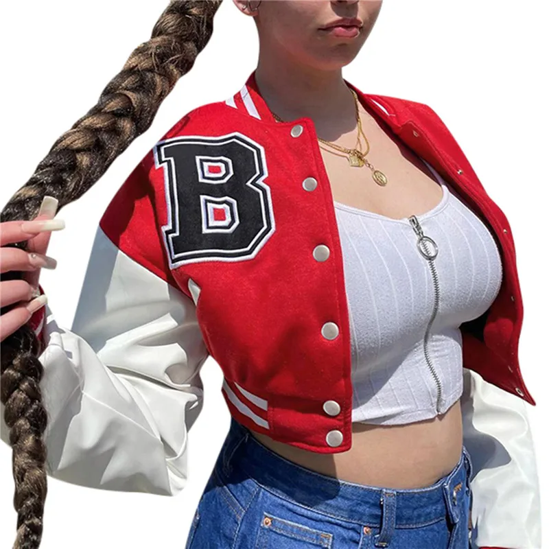 

Women Crop Bomber Jacket Oversized Varsity Button Down Baseball Coat Casual Patchwork Outwear Vintage Streetwear