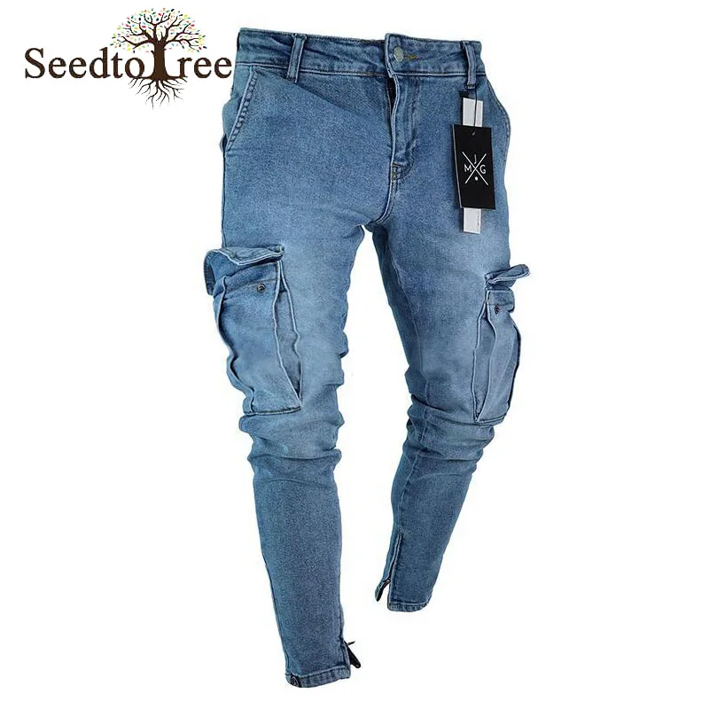 Men's Slim Stretch Jeans with Big Pockets and Ripped Zipper Denim Trousers Hole Pencil Pants