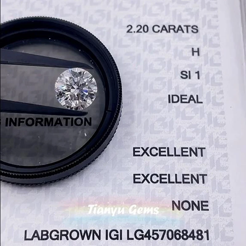 

Tianyu Gems CVD круглый бриллиант 2.2ct H S11 идеальная огранка 2EX Lab выращенные синтетические бриллианты 8,44-8,50*5,11 мм иги сверкающие для ювелирных издел...