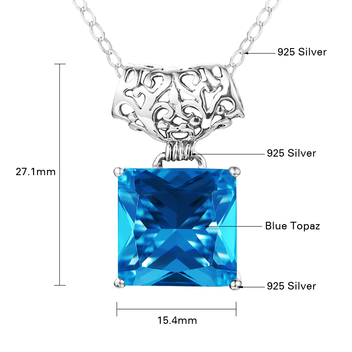 

Silver Chakra Silver Pendant For Women Square Blue Topaz Gemstone Pendant Necklace Elegant Silver 925 Fashion Jewelry Party Gift