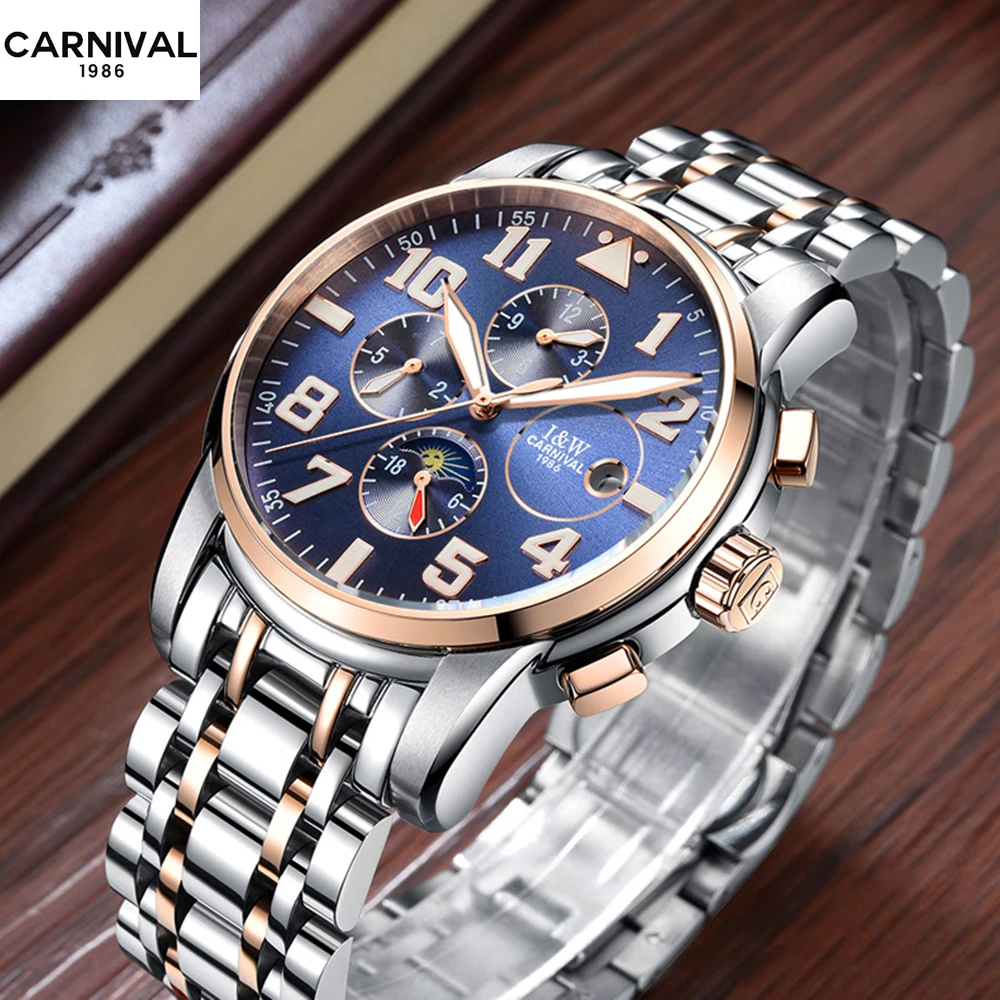 

CARNIVAL Switzerland Automatic Watches Men Luxury Brand Business Water Resistant Stainless Steel Strap Mechanical Wristwatches