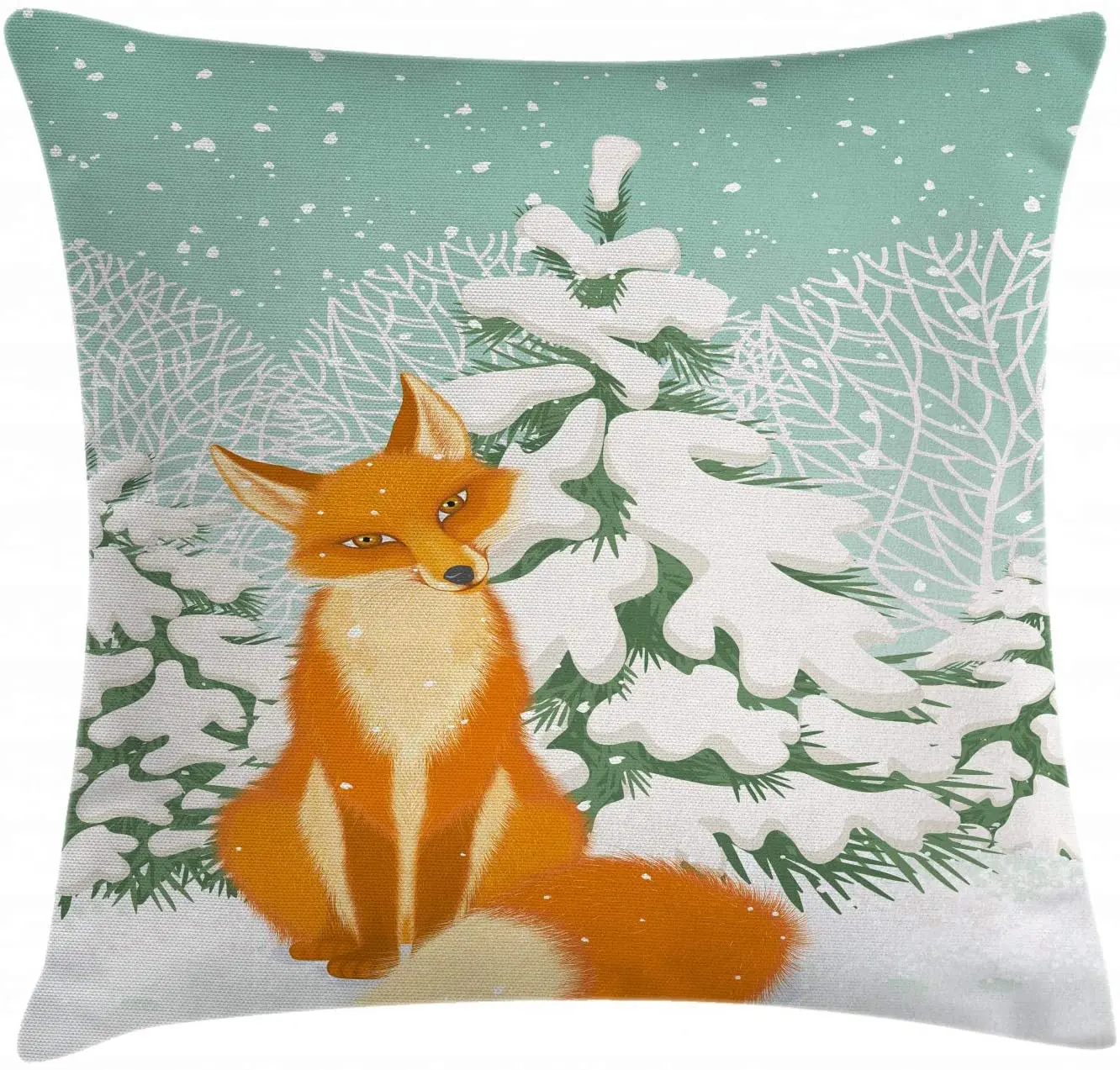 

Pillow Cushion Cover, Red Fox Sitting in Winter Forest Snow Covered Pine Trees Xmas Cartoon Accent Pillow Case