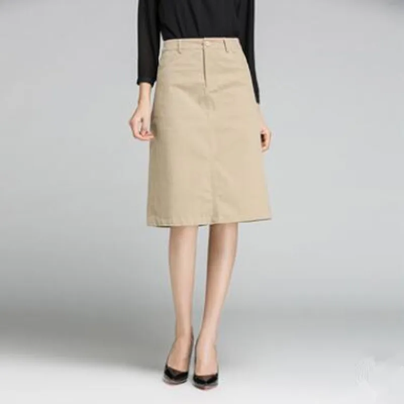 

New Arrival Spring Cotton Skirts Womens High Waist Elegant OL A-Line Skirt Ladies Vintage Casual Khaki Skirts Female S437