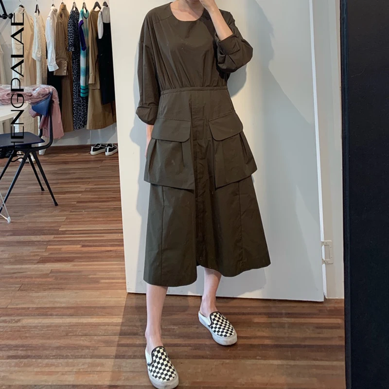 SHENGPALAE осень 2020 женское винтажное свободное платье с высокой талией тонкое