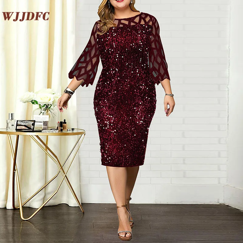 

WJJDFC Party Dress Women Summer Dress for Elegant Sequin Mesh Women Casual Dresses Wine Red Ladies Wedding Evening Club Outfits