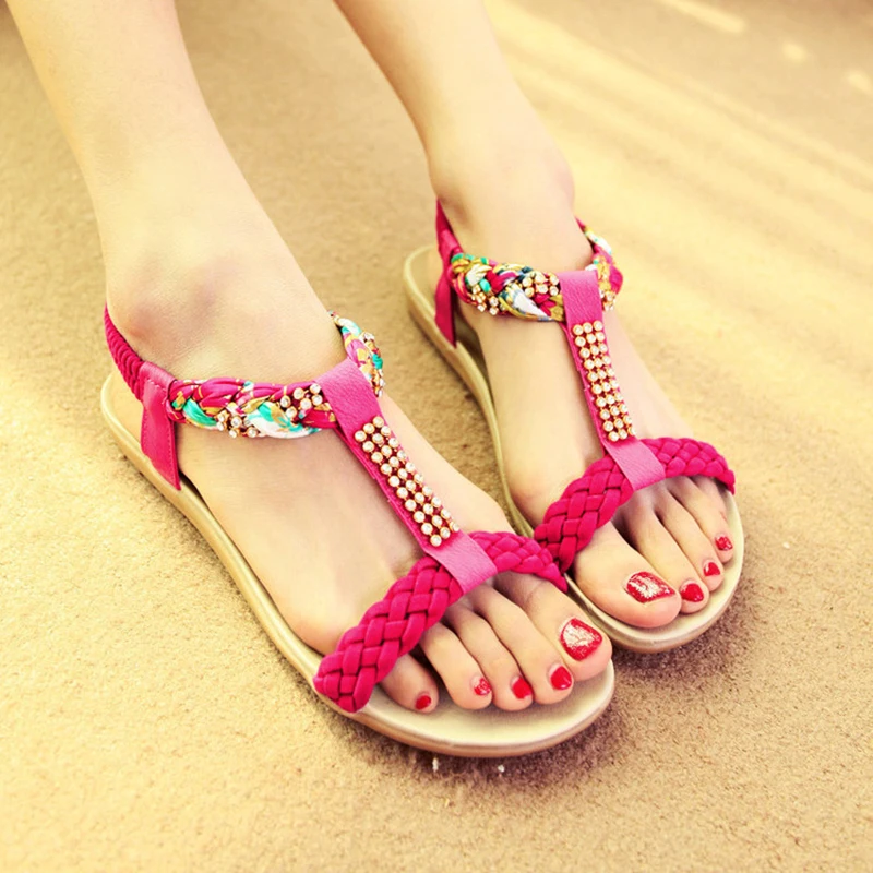 

Sandals Women's 2020 Summer Bohemia Water Drill Flat Heel Flat Sole Fish Mouth Shoes Foreign Trade Large Women's Shoes