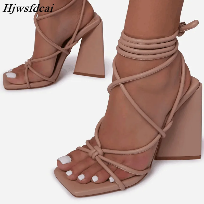

Hjwsfdcai Women's Sandals 2021 Satin Sexy Kink Summer High Heels Square Ankle Strap Party Shoes Gladiator Lace Up Big Size Shoes
