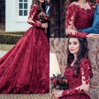 arabic burgundy sheer long sleeves top ballgown dress 3d floral applique pearls sweep train bride wedding