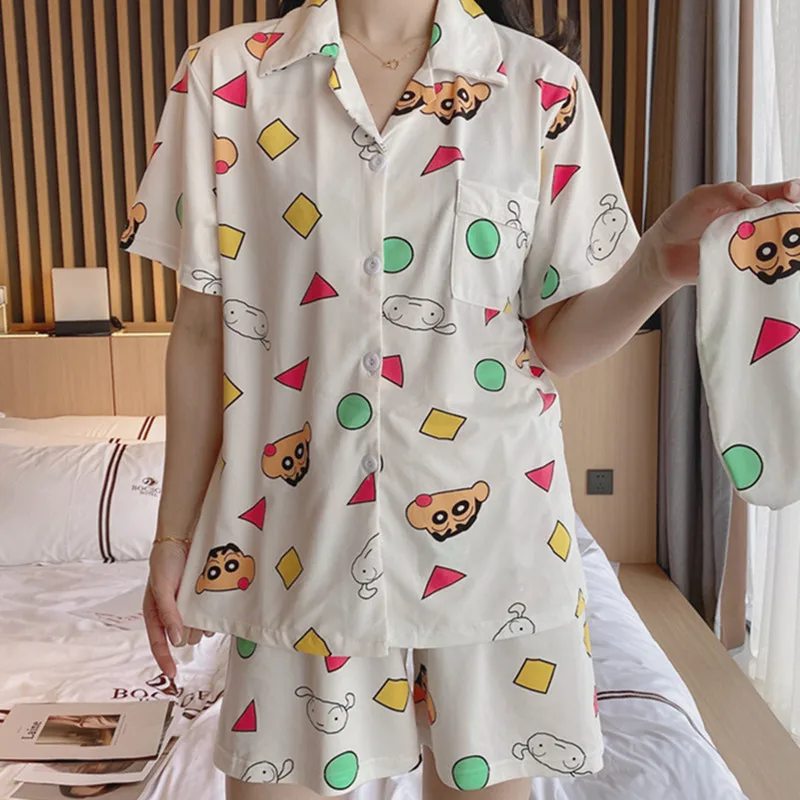 Anime Pijama Women Kawaii Homewear Crayon Print Short Tops Pants Casual Sleepwear Cute Shirts Summer New Pajama Student Cartoon