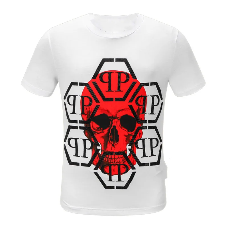

T-shirt red skull diamond short casual long-sleeved T-shirt European and American streetwear top T-shirt