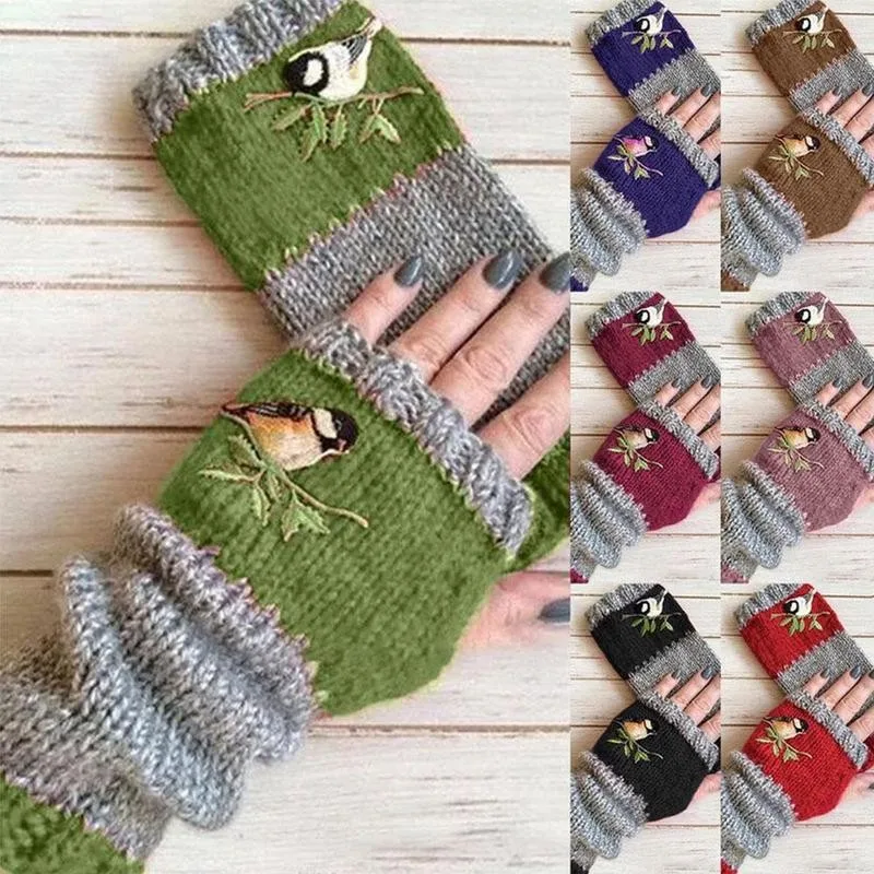 

Embroidery Birds Gloves Fingerless Glove for Women Knitted Block Splice Mittens Womens Girls Gloves Without Fingers Mittens