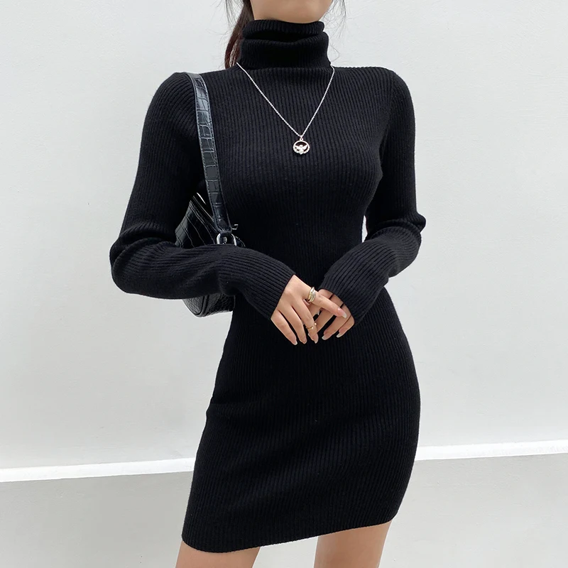 

Autumn Winter Turtleneck Knitting Women Dress Elegant Slim Fit Casual Long Sleeve Sweater Women Clothing Dress Bodycon Vestidos