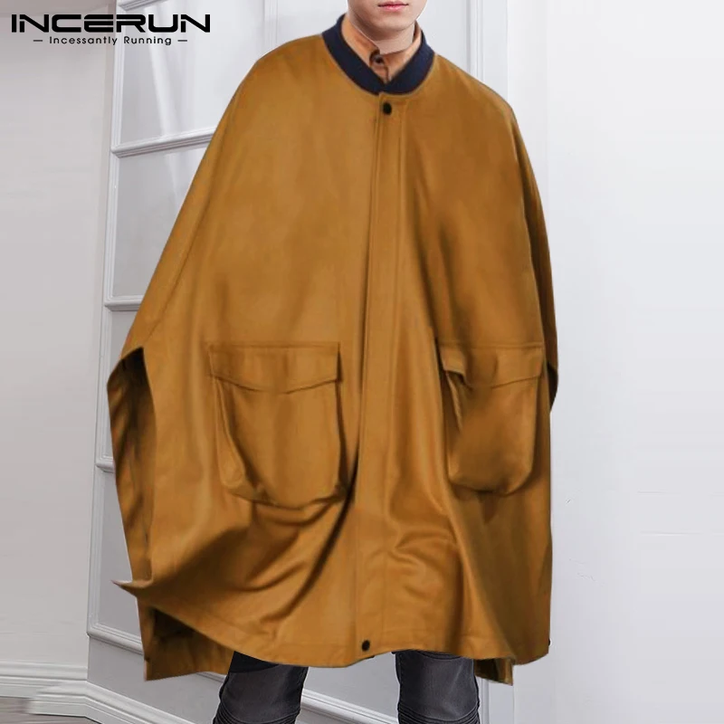 

Men Cloak Coats Zipper Solid Color O-neck Streetwear Pockets Fashion Oversized Ponchos Men Autumn Casual Trench INCERUN S-5XL