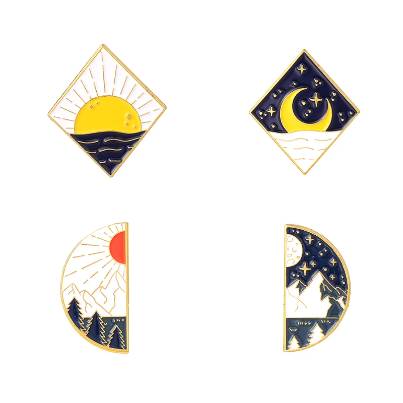 

Sun and Moon Landscape Enamel Pins Couples Bag Brooches Lapel Pin Badge Cartoon Jewelry Gift for Kids Friends Wholesale
