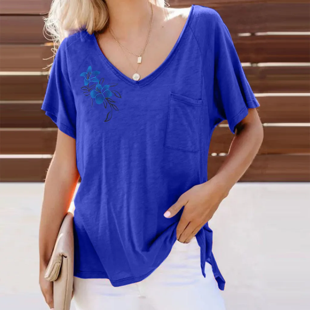 Модная футболка летняя женская с коротким рукавом свободный карман повседневная