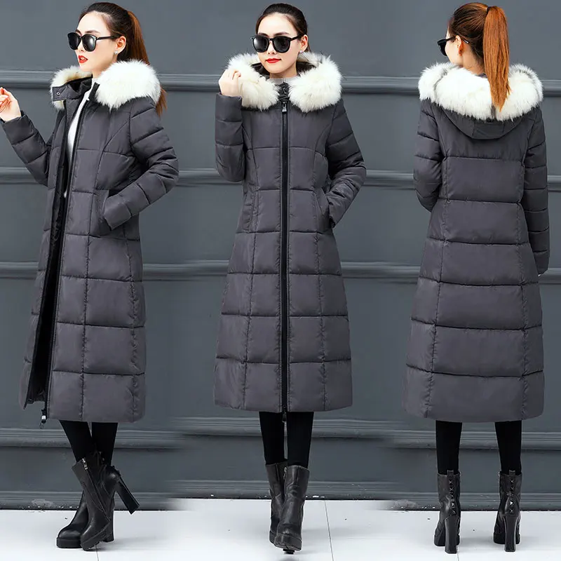 grey white fur Разноцветное пальто с мехом большого размера, зимнее пуховое пальто с капюшоном, Женская куртка, Толстая теплая длинная стеганая парка с хлопковой подкладкой, ветровка с рукавами - Цвет: grey white fur